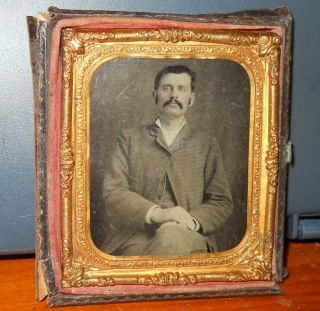 Antique 1/6th Plate Tintype Photo In Half Case Gentleman