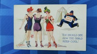 Ww1 Fred Spurgin Comic Postcard Bathing Beauty Beachwear Police Take Cover