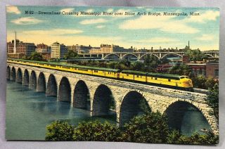 1940s Streamliner Railroad Train Stone Arch Bridge Minneapolis Postcard Vintage