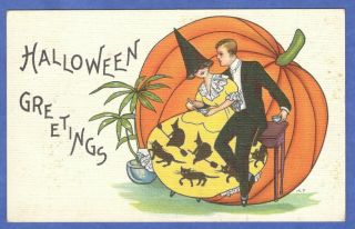 Halloween Greetings Elegant Couple Dress W/black Cats Witches On Brooms Postcard