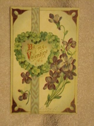 Vintage Postcard Be My Valentine,  Clover Wreath,  Purple Flowers