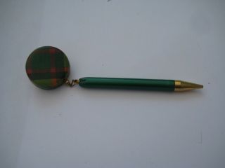 Vintage Green & Red Plaid Pin With Mechanical Pencil And Retractable Chain