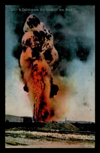 Dr Who 1918 California Oil Gusher On Fire Postcard Flag Cancel C118462