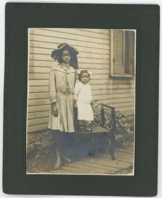 African American Girl Strong Features & Black Child On Chair Antique Photo