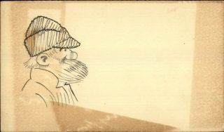 Handmade Hand Drawn Postal Card Bearded Man In Hat C1900