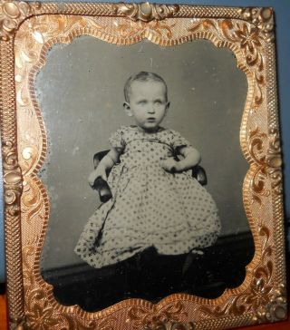 1/6th Size Tintype Photo Of A Cute Little Girl In Brass Frame