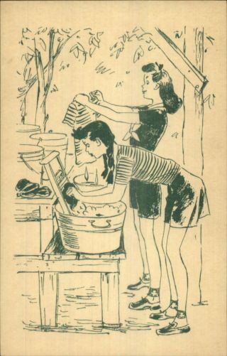 Girl Scout Camp Postcard Comic Vintage Postcard Laundry Old Washboard