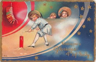 Little Boy Lighting Firecracker On Old Postcard - Fourth Of July Series No.  5