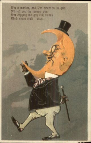 Fantasy - Man In The Moon Head Man In Suit - Masher Poem Pfb C1910 Postcard