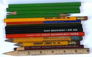 13 Vintage Advertising & Dixon Beginners Pencils,  Ruler Pen,  Typewriter Eraser