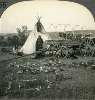 Sioux Indian Chief & Hunter W/ Rifle In Fur Camp On Plains Stereoview 23315 P255