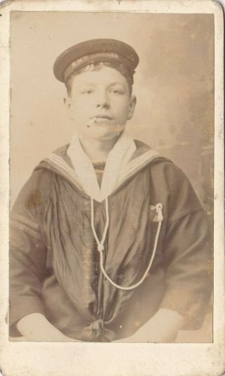 Old Vintage Cdv Photo Young Man Sailor Military Hms Ganges Smoking Cigarette F2