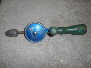 Vintage - - Hand Drill With Green Wooden Handle - Made In Japan