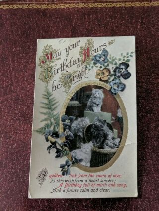Cat Vintage Postcard.  Birthday.  5 Kittens.  Flowers.  British.  Mailed.  Worn.