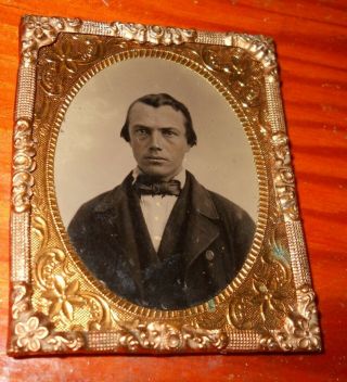 Antique 1/9th Plate Tintype Photo Of Man In A Brass Frame