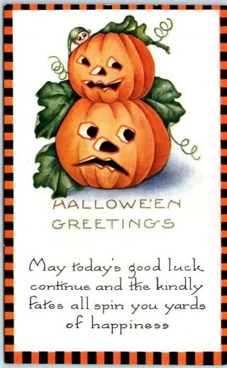 Vintage Whitney Halloween Greetings Postcard 2 Jols & Pixie Elf C1920s