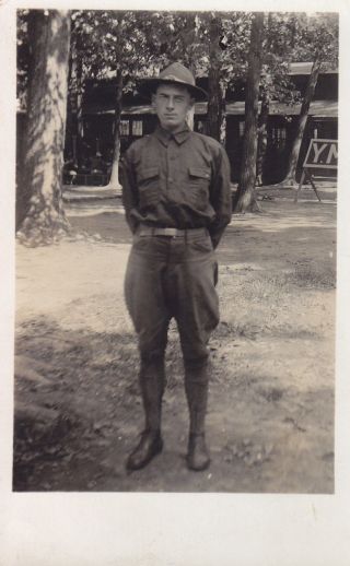 American Expeditionary Force Soldier At Mobilization Camp Ymca Hut Real Photo Pc