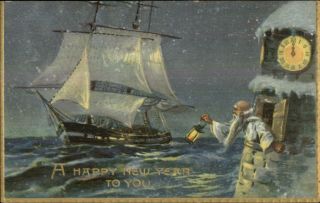 Year - Father Time W/ Lantern - Ship In Storm C1910 Postcard