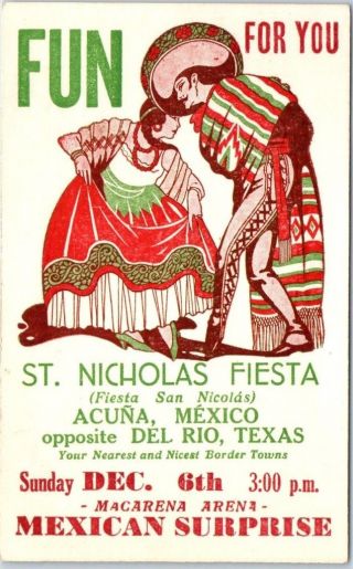 Acuna,  Mexico Advertising Poster Art Postcard St.  Nicholas Fiesta C1940s