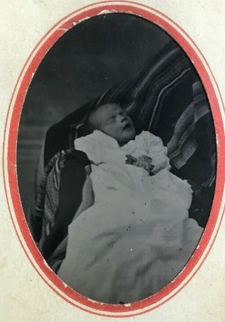 Antique Tintype Post Mortem Baby Dressed In White Gown