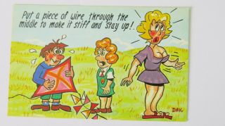 Risque Vintage Comic Postcard Delta Kite Flying Line Wire Big Boobs Innuendo