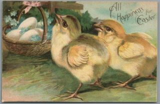 Chicks,  Basket Of Eggs " All Happiness For Easter " Vintage Germany Postcard