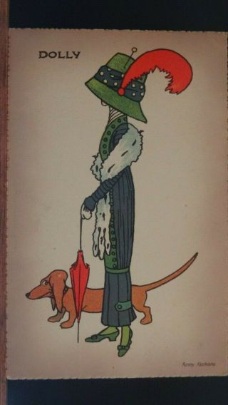 Reg Carter Comic Postcard: Hobble Skirt Fashion,  Dachshund Dog & Hat Pin Theme