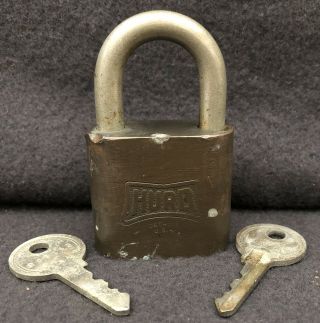 Vintage Brass Padlock Hurd Detroit Usa W/ 2 Keys Steel Shackle