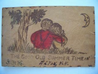 Leather Postcard.  Alton Hampshire Good Old Summer Time.  Man Woman Sitting Moon.