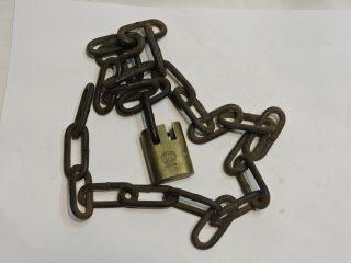Antique Hurd Brass Padlock Chain Lock With 35 " Chain No Key - Auto Spare Tire Lock