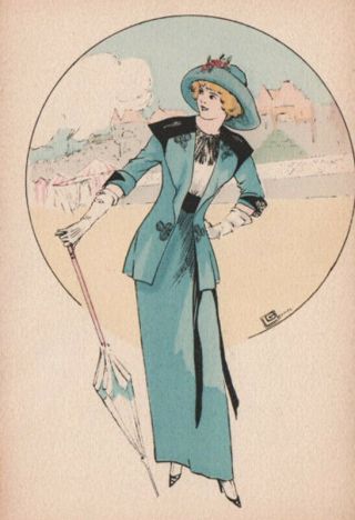 A/s Art Deco Lady In Blue Fancy French Elegant Presentation Vint.  Pc
