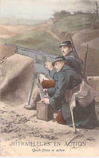 Wwi French Patriotic Machine Gunners In Action Color Tinted Postcard