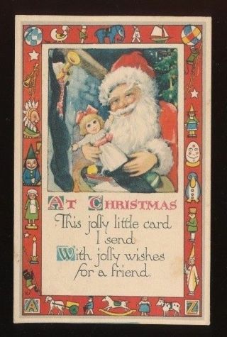 Arts & Crafts Santa Claus With Toy Border Vintage Christmas Postcard - P320
