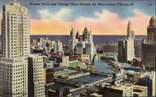Wacker Drive And Chicago River Through Skyscrapers Illinois Il Mailed 1948