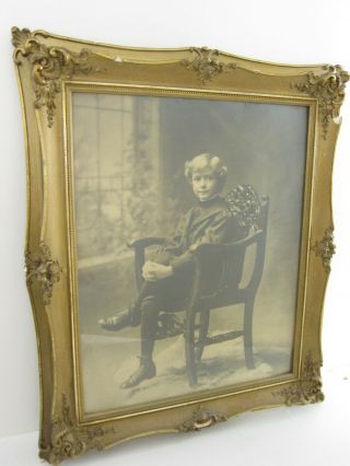 Antique C 1900s Portrait Photo Boy In A Chair In Ornate Gesso Gilt Frame 21x25