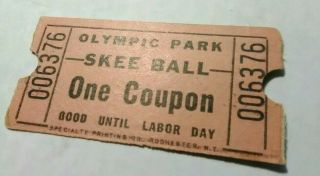 Rare Vintage 1940 ' s 1950 ' s Olympic Park Newark NJ Irvington? Skee - Ball Ticket 3