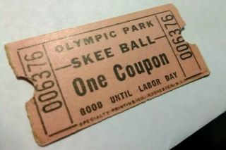 Rare Vintage 1940 ' s 1950 ' s Olympic Park Newark NJ Irvington? Skee - Ball Ticket 5