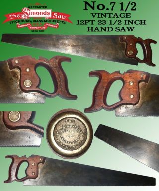 Vintage Simonds 7 1/2 12 Pt 23 1/2 " Hand Saw Made Of Simond Steel Patent 1887