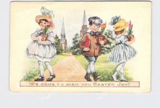 Ppc Postcard Easter Joy Whitney Girls And Boy Carry Flowers In Pots Embossed