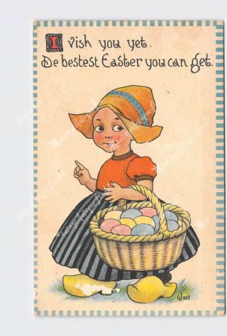 Ppc Postcard Easter Dutch Girl With Basket Of Eggs Wooden Shoes
