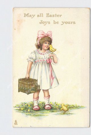 Ppc Postcard Easter Joys Be Yours Girl In White Dress Pink Bow Chicks Tuck & Son