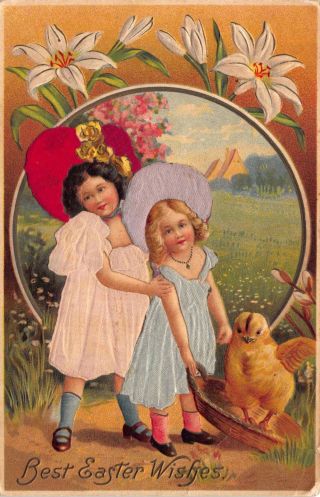 Two Easter Postcard Little Girls In Silk Dresses With A Baby Chick 112866