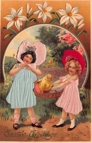 Two Easter Postcard Little Girls in Silk Dresses with a Baby Chick 112866 3