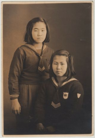 Antique Photo / Two Young Women In School Uniforms / Japanese / C.  1940