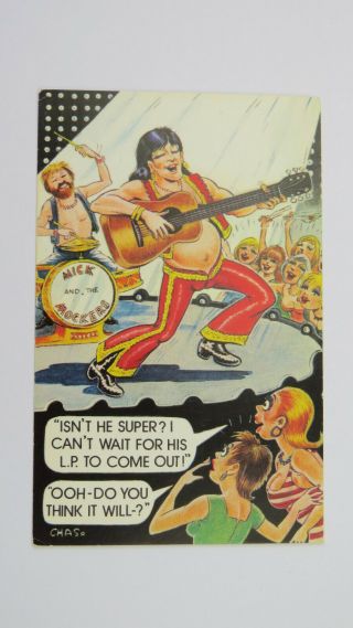 1980s Risque Vintage Comic Postcard Glam Rock Band Guitarist Groupie Big Boobs