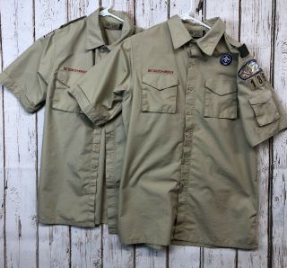 (2) Boy Scouts Khaki Short Sleeve Shirts Patches Adult Medium Adult Small G1166