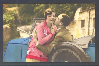 French Art Deco - Hand Tinted Real Photo Postcard - 1928 - Romantic Couple