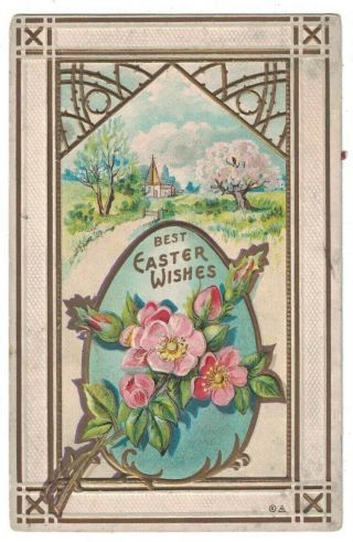 Antique 1910 Best Easter Wishes Flowers Church Embossed Holiday Postcard