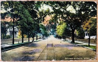 Rome,  Georgia Ga 1910s Postcard Second 2nd Avenue View Trolley Tracks