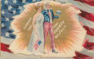 Old Vintage Postcard 4th Of July Uncle Sam Lady Liberty American Flag Card